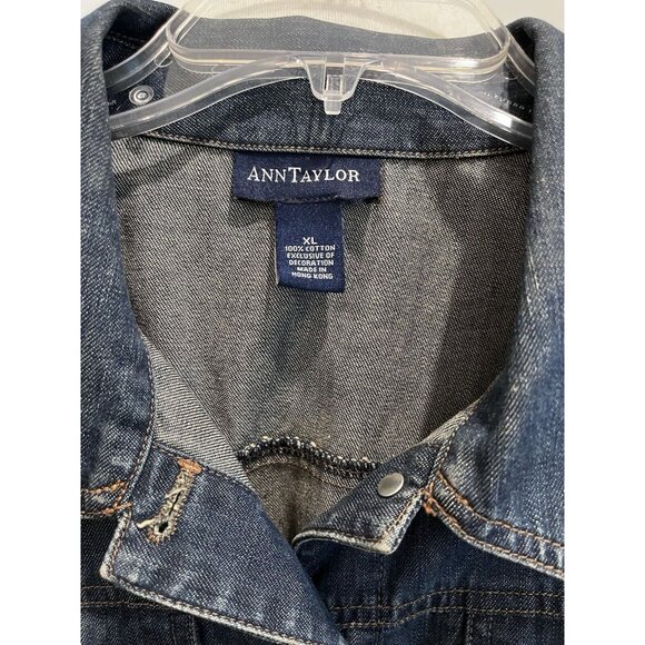 ANN TAYLOR Denim Jean Jacket Vintage 90's Y2K size XL Macrame Trim 100% Cotton - Picture 5 of 7